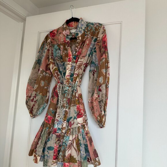 Zimmermann Cassia Blouson A-line Mini Dress Belted Floral Patchwork Size 2 - Picture 5 of 13